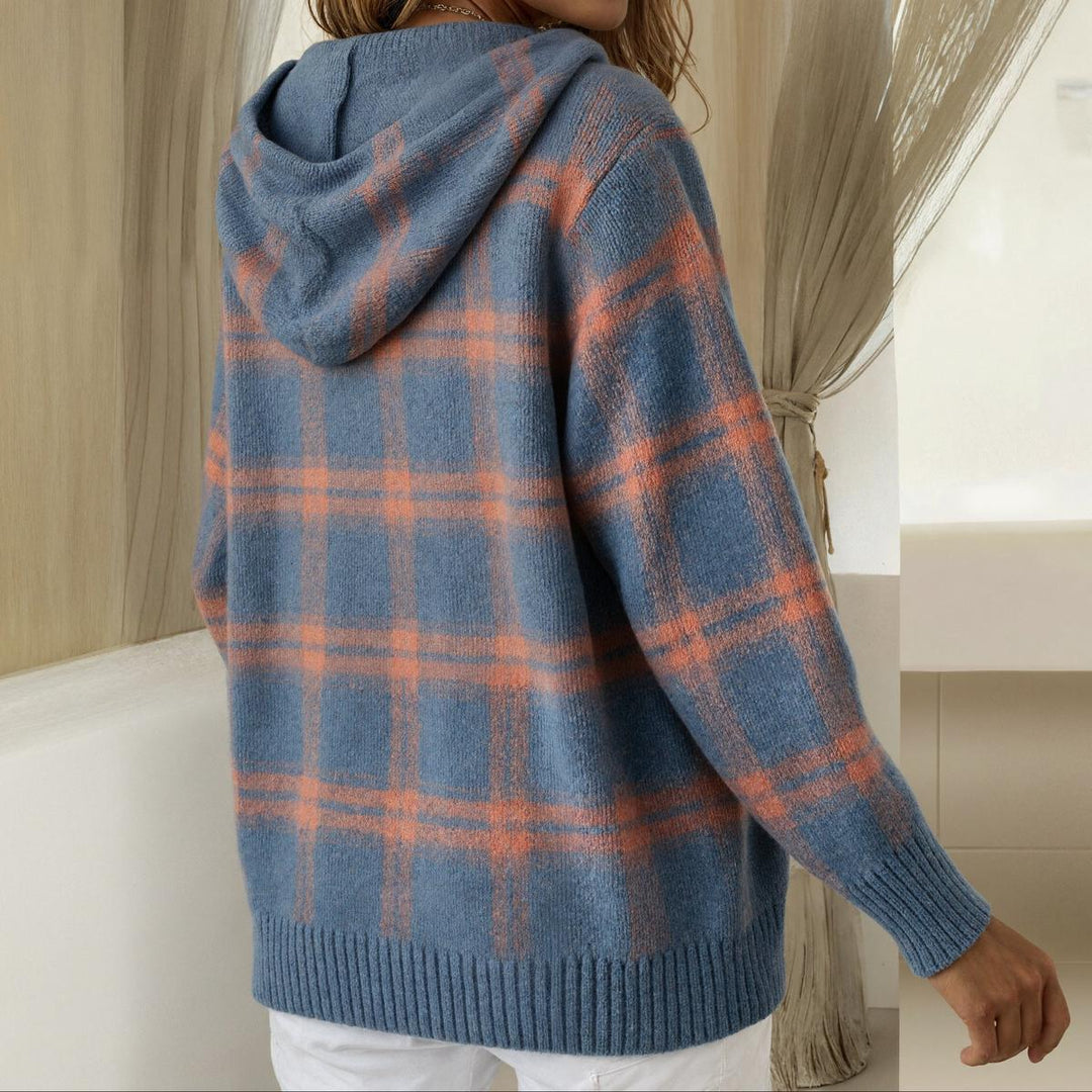 Women's Relaxed Plaid Blue Button-Up Hoodie Jumper