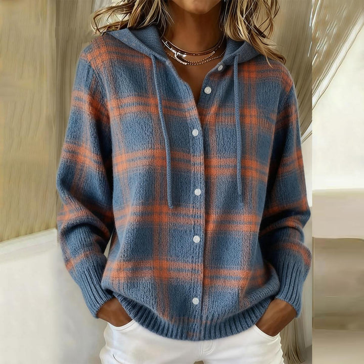 Women's Relaxed Plaid Blue Button-Up Hoodie Jumper
