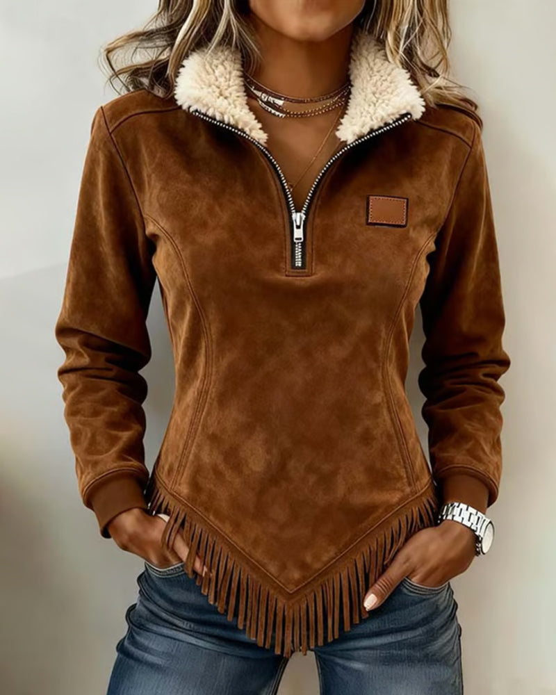 Women's Half-Zip Collar Sweatshirt with Asymmetric Design and Fringe Accents