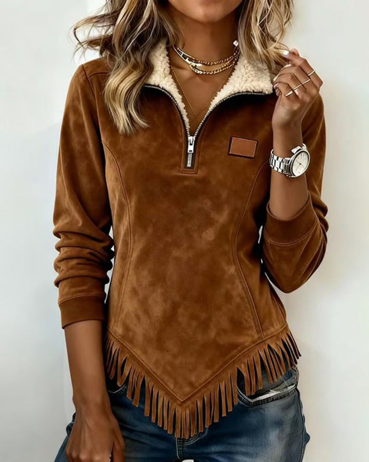 Women's Half-Zip Collar Sweatshirt with Asymmetric Design and Fringe Accents