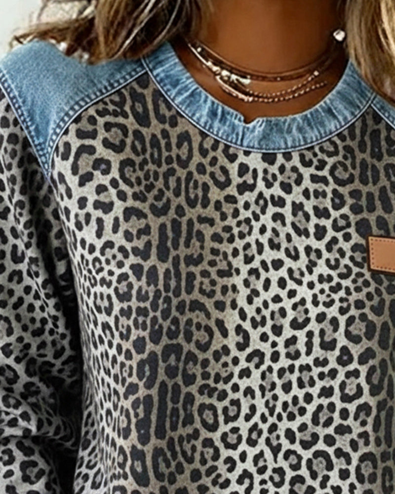 Women's Leopard Print Denim Patchwork Jumper