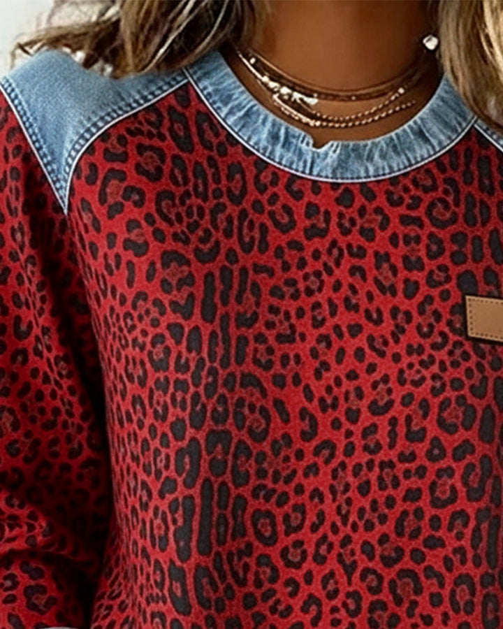 Women's Leopard Print Denim Patchwork Jumper