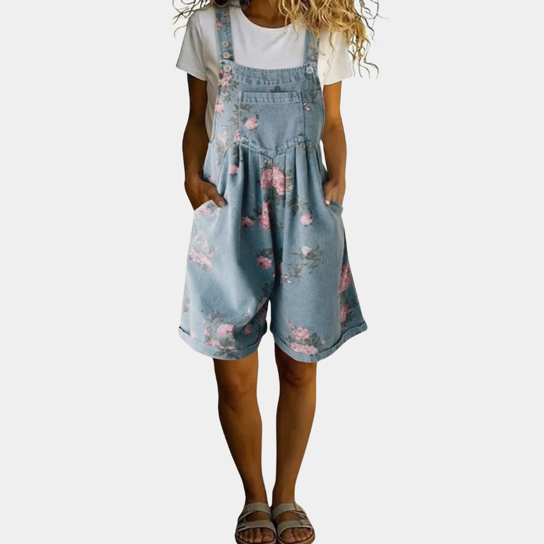 Mara - Vintage Washed Soft Cotton Feel Denim Floral Jumpsuit