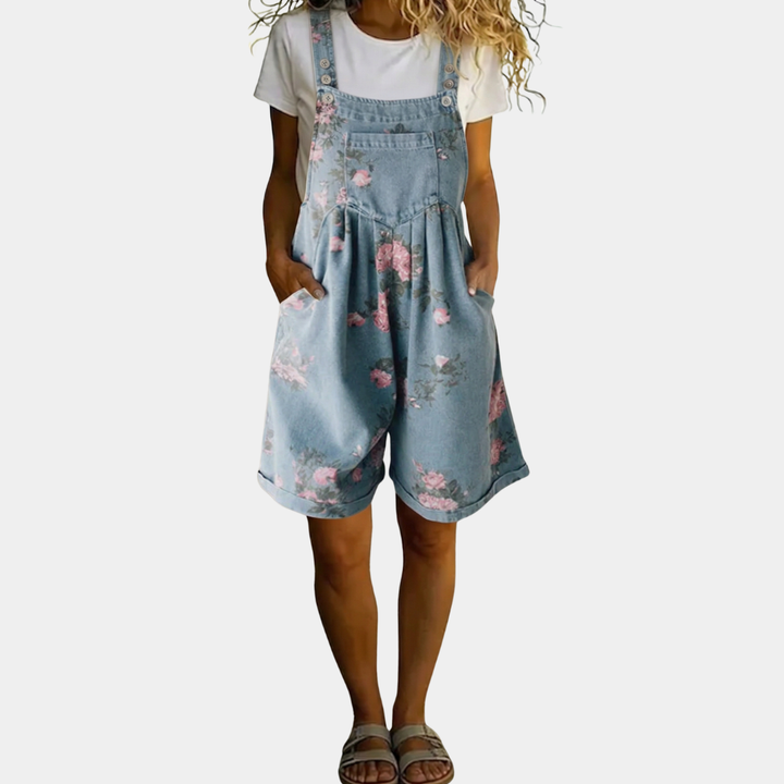 Mara - Vintage Washed Soft Cotton Feel Denim Floral Jumpsuit