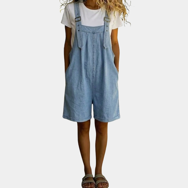 Mara - Vintage Washed Soft Cotton Feel Denim Short Overall Light blue