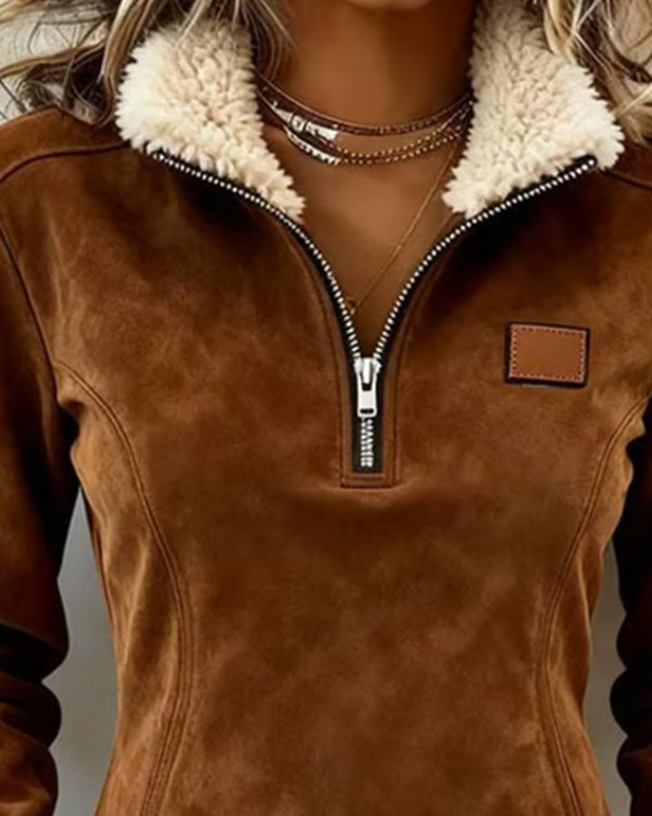 Women's Half-Zip Collar Sweatshirt with Asymmetric Design and Fringe Accents