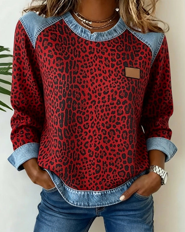 Women's Leopard Print Denim Patchwork Jumper