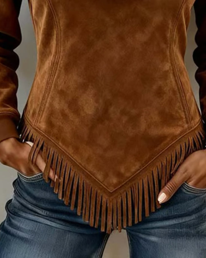 Women's Half-Zip Collar Sweatshirt with Asymmetric Design and Fringe Accents