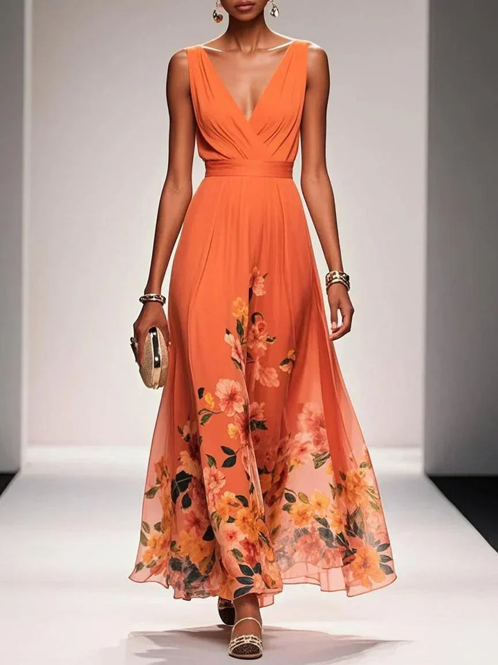 Rose | Light Blue Floral Chiffon V-Neck Maxi Dress