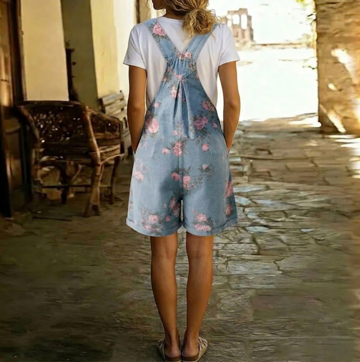 Mara - Vintage Washed Soft Cotton Feel Denim Floral Jumpsuit