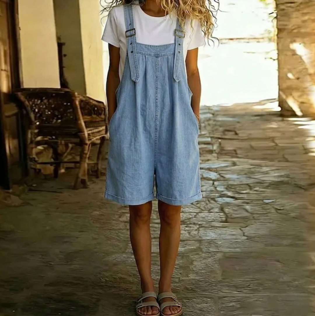 Mara - Vintage Washed Soft Cotton Feel Denim Short Overall Light blue