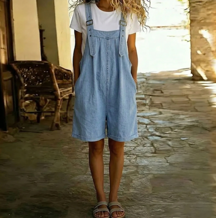 Mara - Vintage Washed Soft Cotton Feel Denim Short Overall Light blue