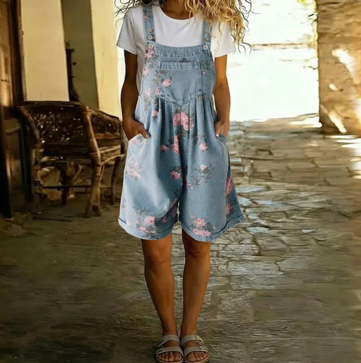Mara - Vintage Washed Soft Cotton Feel Denim Floral Jumpsuit
