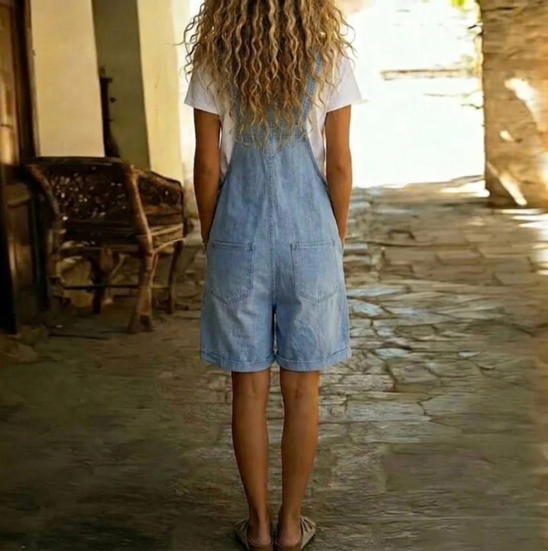 Mara - Vintage Washed Soft Cotton Feel Denim Short Overall Light blue