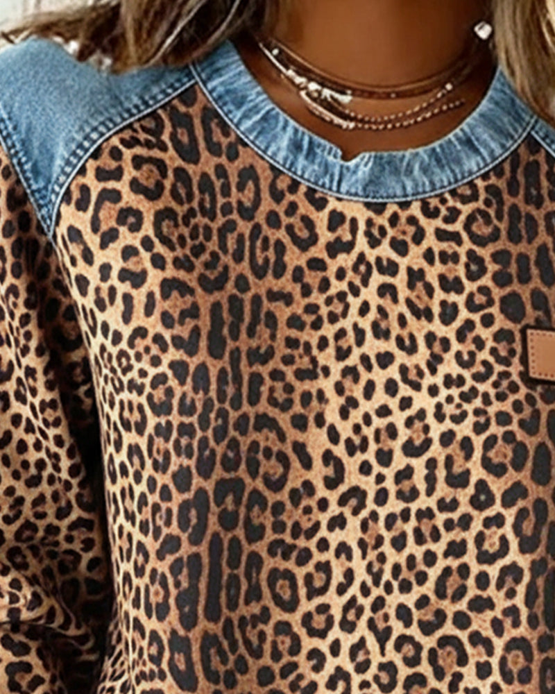 Women's Leopard Print Denim Patchwork Jumper