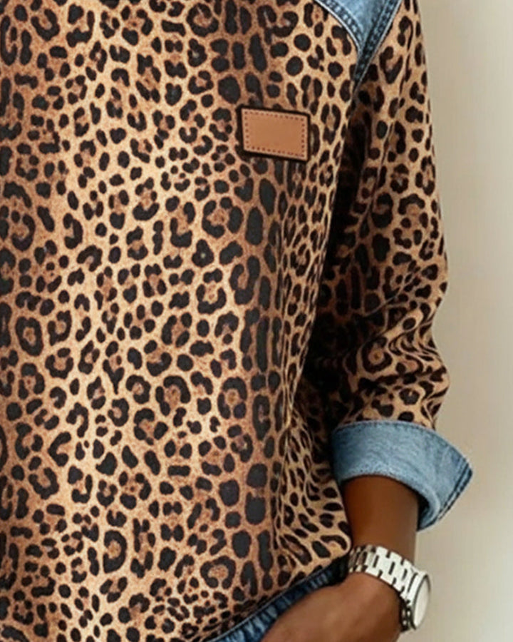 Women's Leopard Print Denim Patchwork Jumper