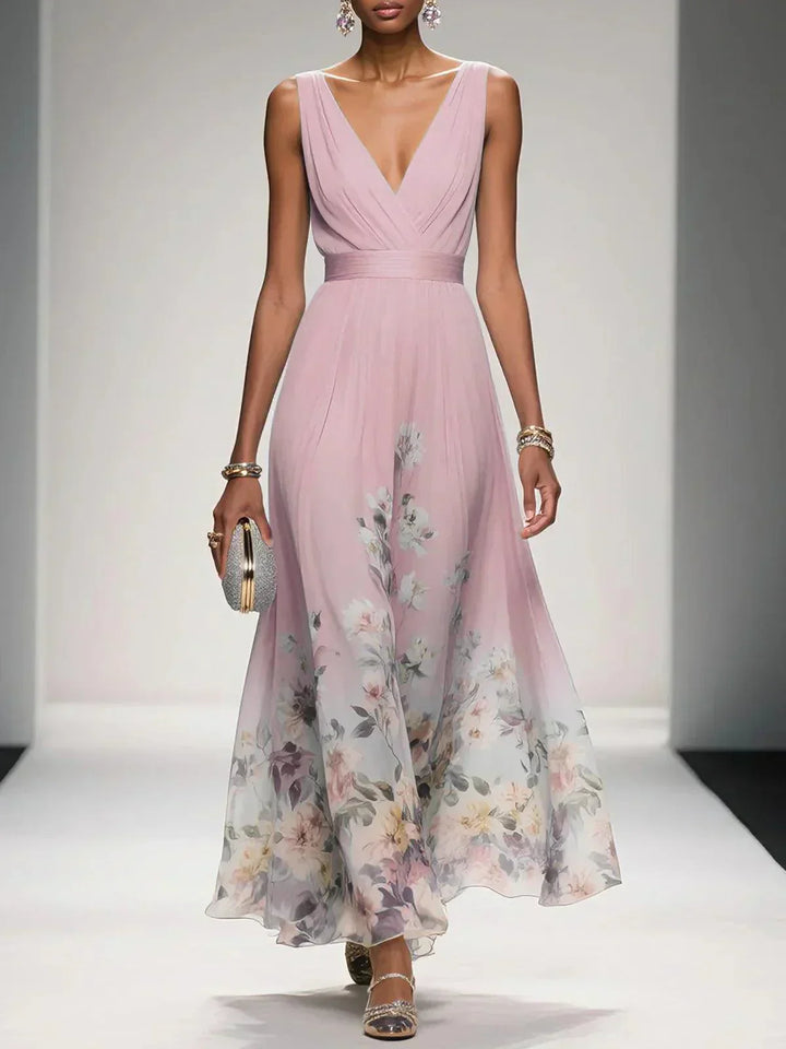 Rose | Light Blue Floral Chiffon V-Neck Maxi Dress